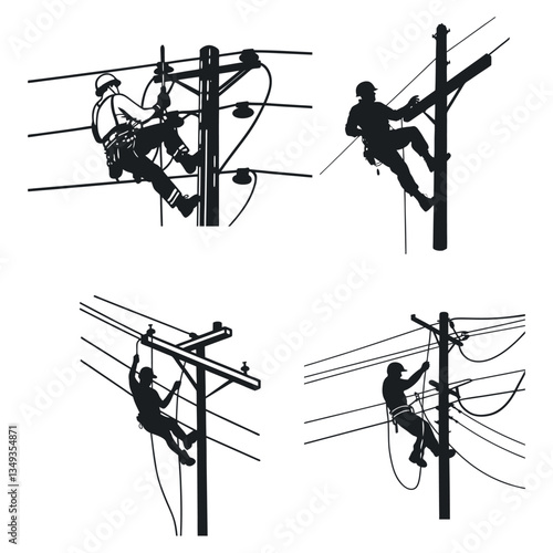 Set of Lineman Performing Power Line Maintenance. Electrician Working on Utility Pole for Electrical Repair