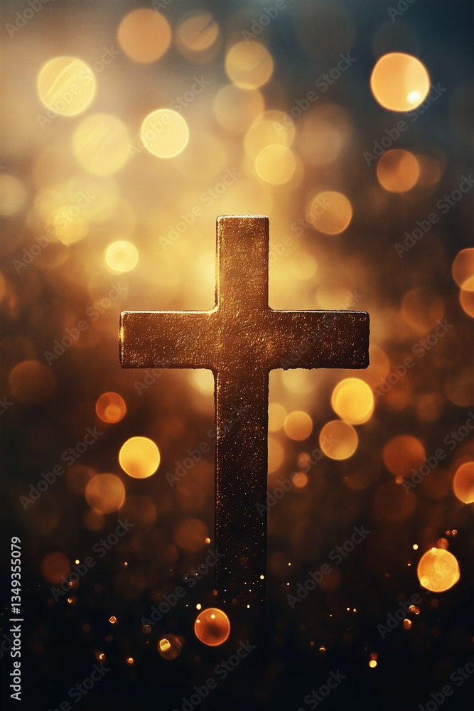 A bokeh of light flies over the cross. A bokeh of light flies over the cross.