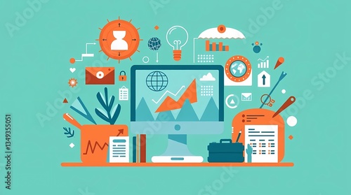 Wallpaper Mural Business Visualization: A dynamic illustration showcasing the core elements of modern business, from data analysis to strategic planning, a clean, eye-catching representation Torontodigital.ca