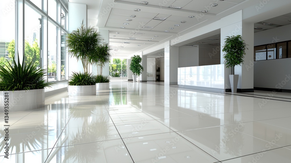 Modern office lobby with plants, city views, and polished floors Modern office lobby with plants, city views, and polished floors