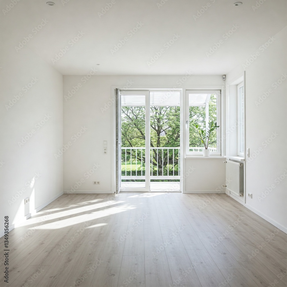 Obraz premium Interior of empty spacious living room with white walls and laminated floor with doors leading to balcony
