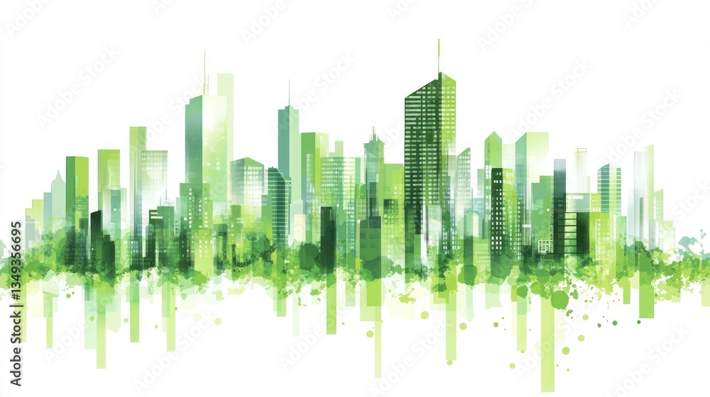 Fototapeta premium Abstract green city skyline, artistic, environmental, illustration, urban landscape, suitable for print or website background