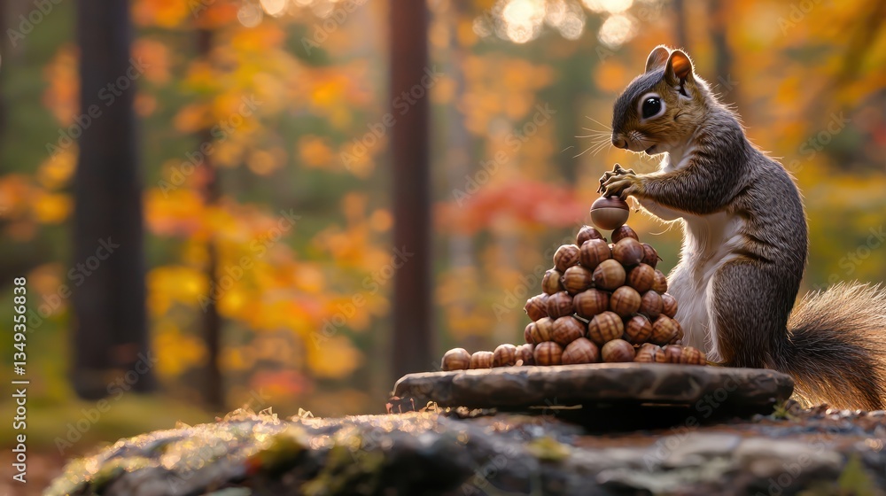 Obraz premium Squirrel building acorn tower in autumn forest