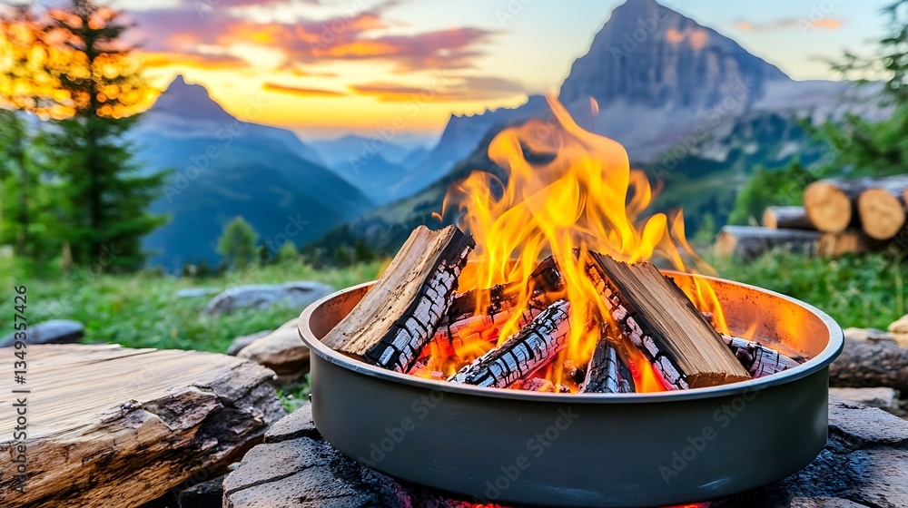 Campfire at sunset in mountains, perfect for relaxing vacation Campfire at sunset in mountains, perfect for relaxing vacation