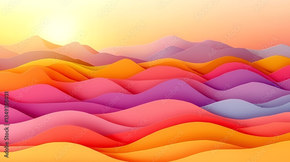 Fototapeta premium Colorful Hills Sunset Landscape Illustration