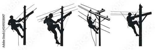 Set of Linemen Working on Power Pole. Electricians Fixing Utility Power Lines for Energy and Electrical Grid Systems