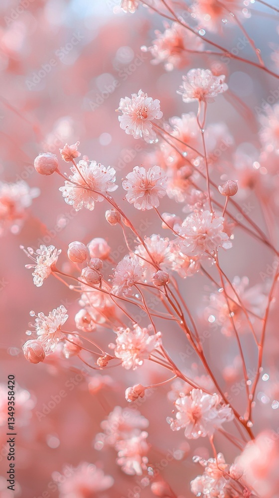 Naklejka premium In a tranquil garden, clusters of soft pink blossoms bloom, freshly adorned with glistening dewdrops, creating a dreamy ambiance during the golden hour of spring