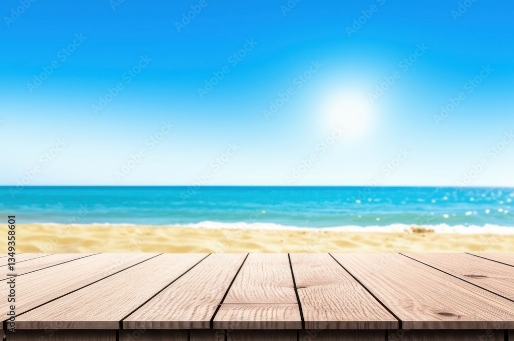 Fototapeta premium Bright Beach Scene With Wooden Table Perfect Placement For Product In Sun, Turquoise Ocean Clear Sky, Inviting Relaxation Space For Summer Vibes