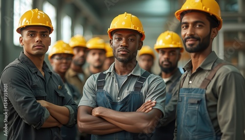 A group of diverse multiracial construction workers confidently standing together, wearing helmets and overalls, looking at camera. They embody the concept of teamwork, safety