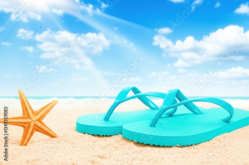 Turquoise Flip Flops On Sunny Beach Stunning View Of White Sand, Blue Sky Ocean, With Bright Orange Starfish Ideal For Summer Relaxation Beach Vacation Vibes