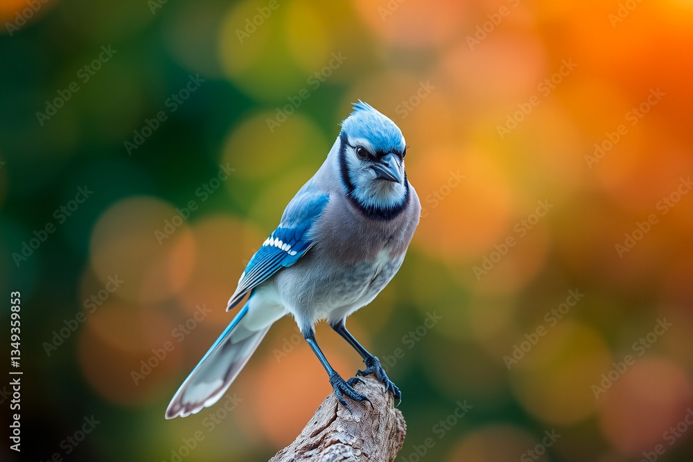 Obraz premium Striking Blue Jay Perched on a Branch, Showcasing Vibrant Blue Feathers, Sharp Eyes, and Elegant Plumage in a Stunning Natural Wildlife Setting