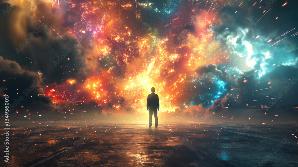 A silhouetted figure stands in awe before a vibrant cosmic explosion, creating an enchanting blend of colors in the dark sky. A silhouetted figure stands in awe before a vibrant cosmic explosion, creating an enchanting blend of colors in the dark sky.
