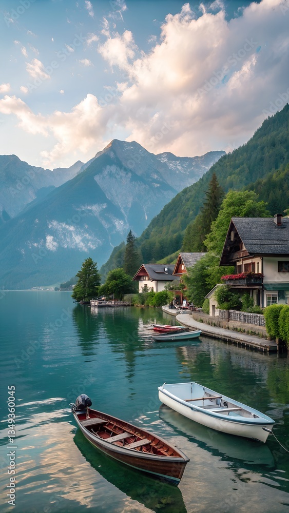 Fototapeta premium Tranquil Mountain Lake Scene with Boats. Houses. and Nature's Beauty - Ideal for Stock Photos and Commercial Use
