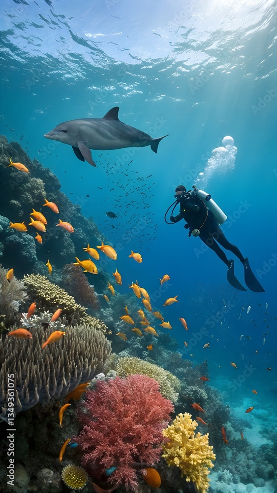 Obraz premium Diver exploring a vibrant coral reef surrounded by tropical fish and a dolphin at a beautiful underwater location