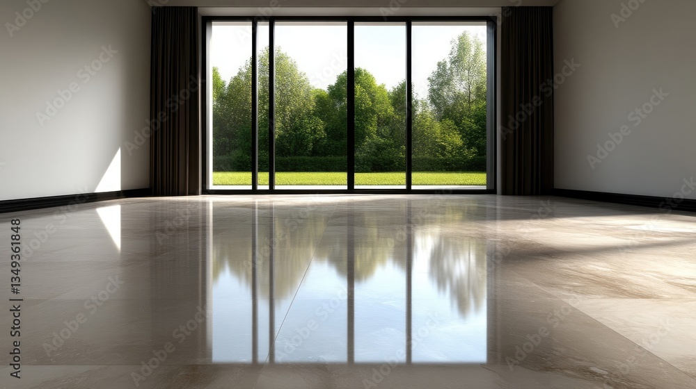 Fototapeta premium Spacious, modern interior with large windows showcasing a lush outdoor landscape. The polished floor reflects the scenery