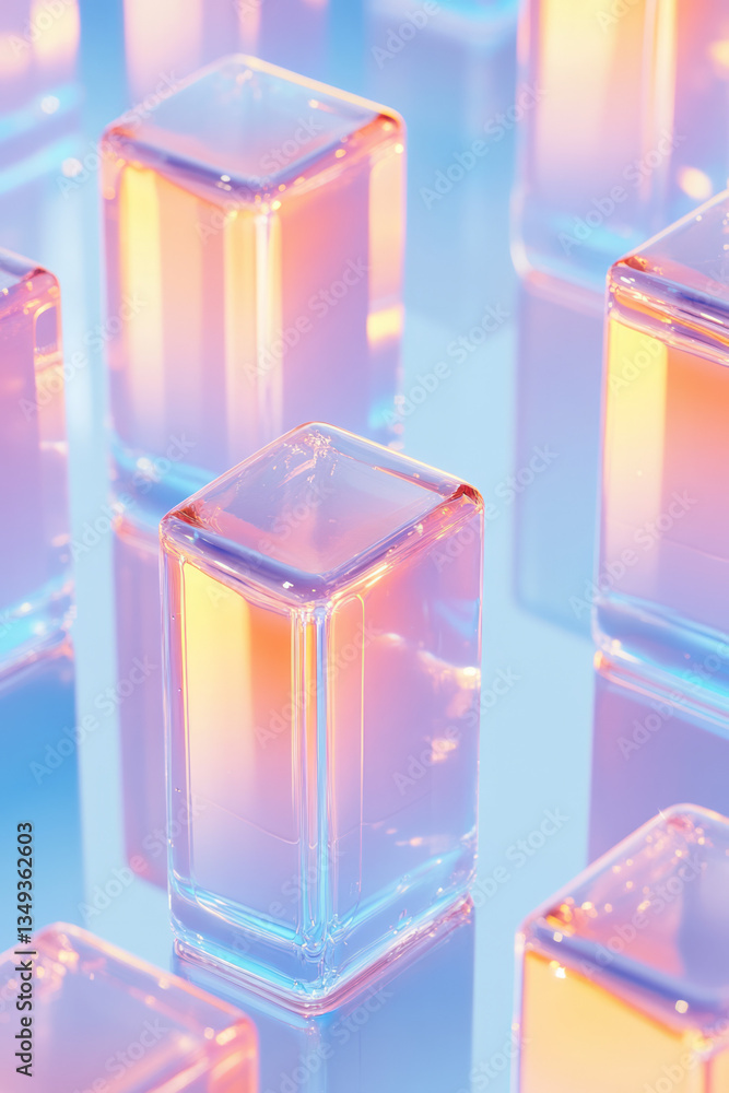 A surreal dreamlike pattern of reflective pink and blue cylinders, their surfaces rippling with A surreal dreamlike pattern of reflective pink and blue cylinders, their surfaces rippling with