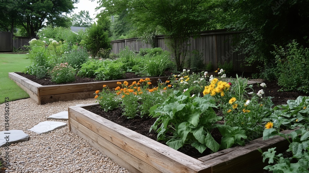 A garden with a stone path and a wooden fence. The garden is full of flowers and plants, including some orange flowers A garden with a stone path and a wooden fence. The garden is full of flowers and plants, including some orange flowers