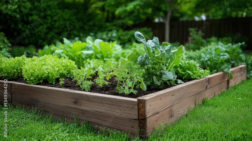 A garden with a wooden box and a variety of vegetables including lettuce, spinach, and carrots. The garden is lush and green, and the vegetables are growing well A garden with a wooden box and a variety of vegetables including lettuce, spinach, and carrots. The garden is lush and green, and the vegetables are growing well