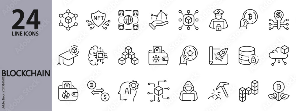 Blockchain line icons set with Exchange, Coin, Currency, Wallet, Chain, Cybersecurity, Payment, Mining and more. Editable Stroke Blockchain line icons set with Exchange, Coin, Currency, Wallet, Chain, Cybersecurity, Payment, Mining and more. Editable Stroke