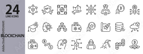 Blockchain line icons set with Exchange, Coin, Currency, Wallet, Chain, Cybersecurity, Payment, Mining and more. Editable Stroke