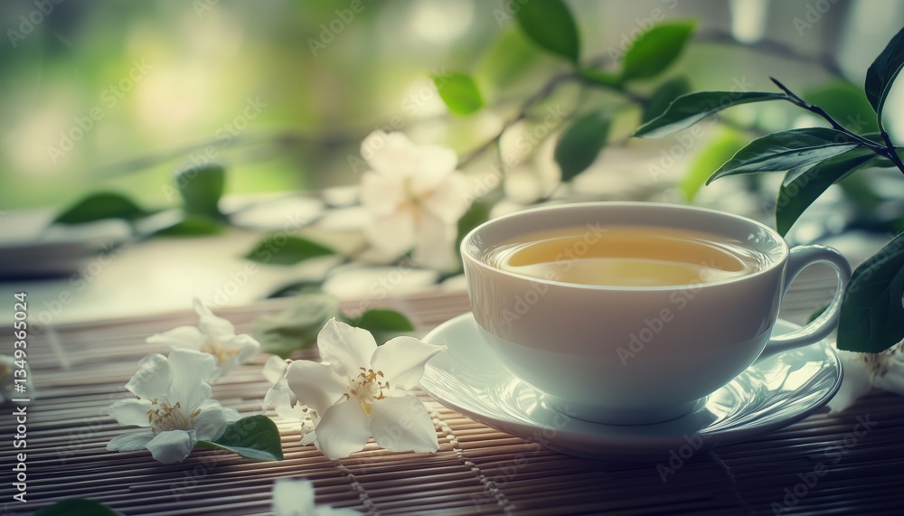 Jasmine And Green Tea In Elegant Teacup On Stylish Bamboo Table With Vintage Filter. A Relaxing And Aesthetic Scene. Jasmine And Green Tea In Elegant Teacup On Stylish Bamboo Table With Vintage Filter. A Relaxing And Aesthetic Scene.