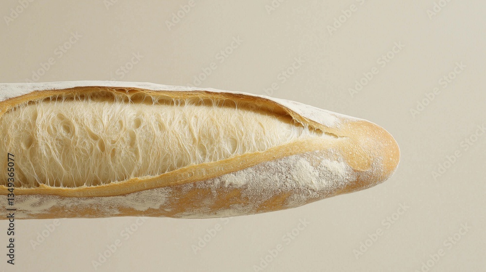 Close-up of a freshly baked baguette. the bread is long and slender, with a golden-brown crust and a soft, fluffy interior. Close-up of a freshly baked baguette. the bread is long and slender, with a golden-brown crust and a soft, fluffy interior.