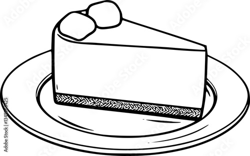 Monochrome black and white illustration of a slice of cheesecake on a plate minimalist food dessert culinary art design graphic print digital