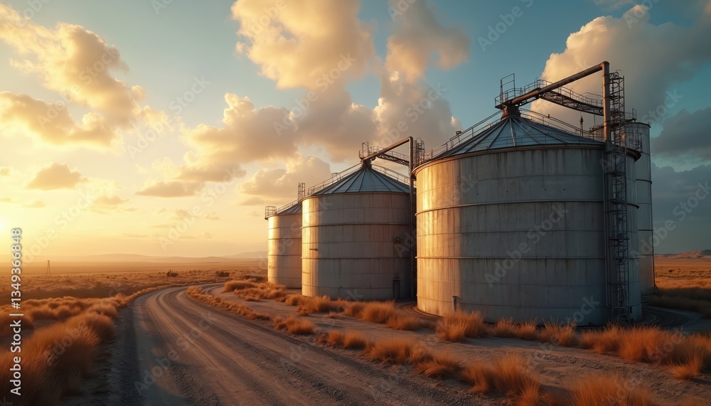 Obraz premium Storage silos, grain tanks at sunset. Industrial structures stand in field near highway. Road leads to industrial complex. Farming, agriculture, food processing, and global economy concepts.