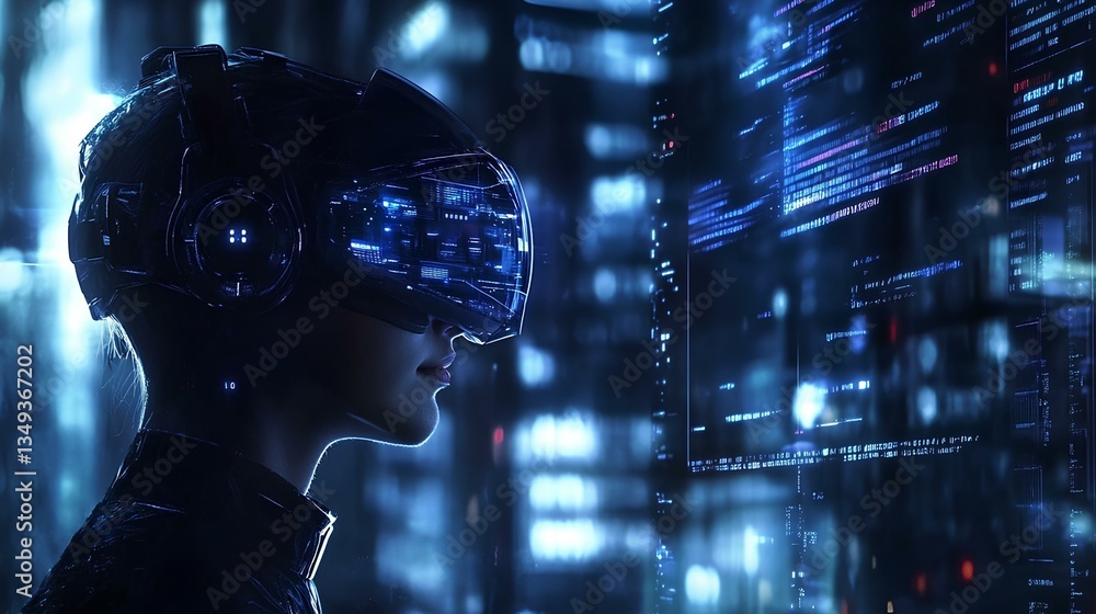 Fototapeta premium Futuristic hacker in a dark room, wearing a high-tech headset, hacking into a digital system, ultra HD