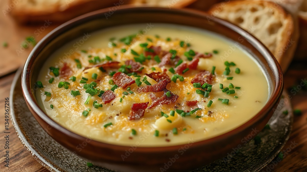 Creamy Vegetarian Cheddar and Potato Soup with Bacon and Seasonal Herbs - A Wholesome Comfort Food Appetizer Creamy Vegetarian Cheddar and Potato Soup with Bacon and Seasonal Herbs - A Wholesome Comfort Food Appetizer