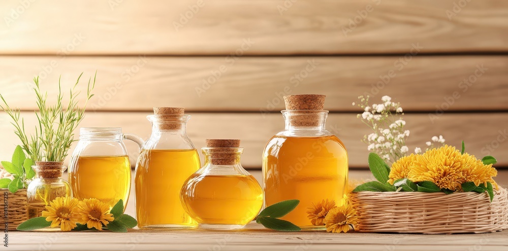 A collection of glass jars filled with golden liquid, surrounded by flowers and greenery, set against a rustic wooden background. A collection of glass jars filled with golden liquid, surrounded by flowers and greenery, set against a rustic wooden background.