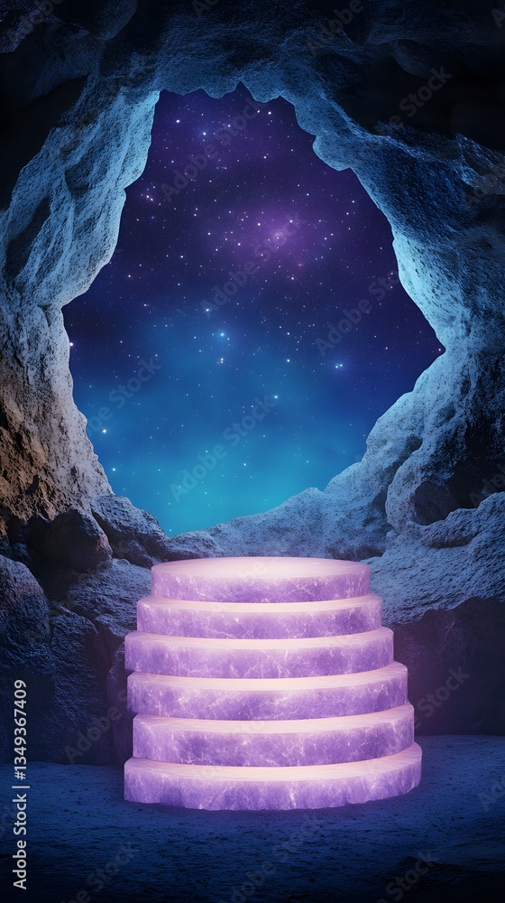 A podium formed from layers of glowing amethyst, placed in a mysterious enchanted cavern.