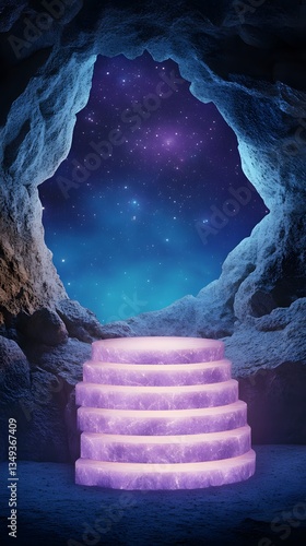 Obraz na płótnie A podium formed from layers of glowing amethyst, placed in a mysterious enchanted cavern. w salonie
