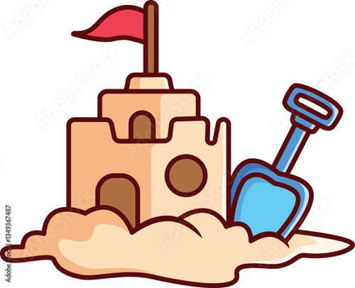Sand Castle with Shovel Vector Illustration Icon. Flat Cartoon Style