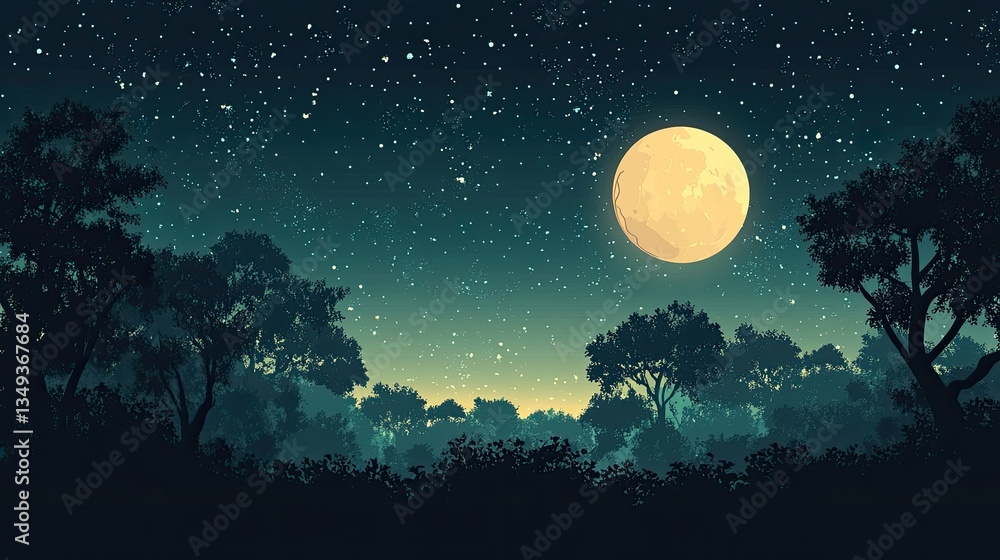 Naklejka premium Silhouetted forest at night under a full moon