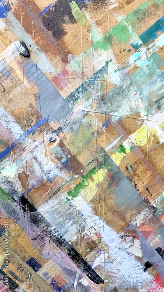 Fototapeta premium Abstract painting on craft wood paper with brushstrokes of different colors. Illustration for background