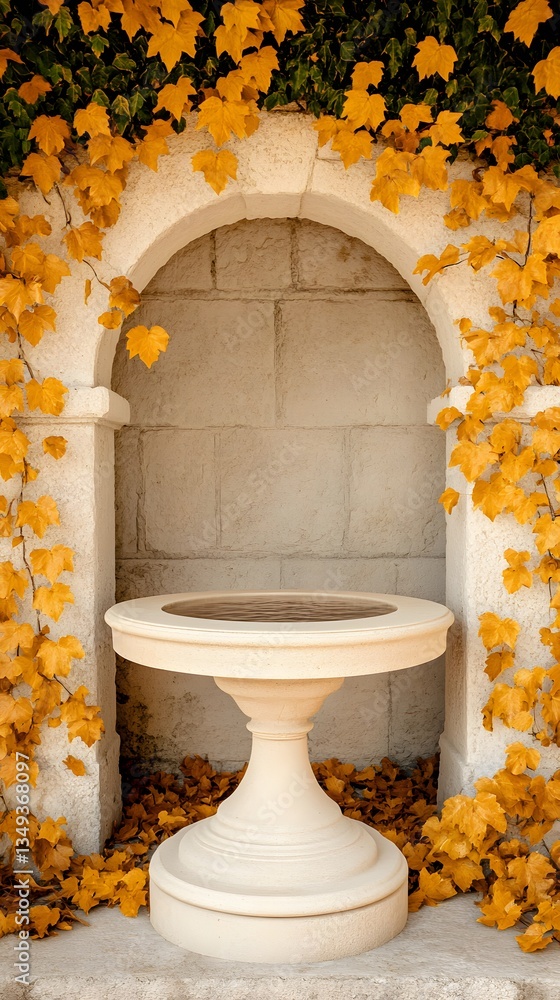 A podium wrapped in golden autumn ivy, placed in an old stone garden with a trickling fountain.