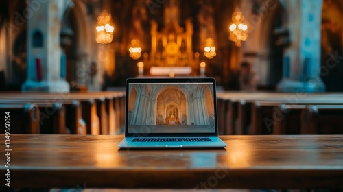 A tranquil church interior reveals softly glowing chandeliers and a beautiful altar, while a laptop rests on a wooden table, merging tradition with technology