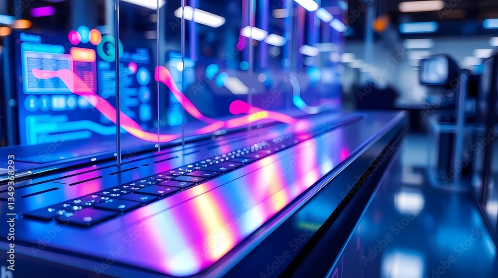 Digital Realm's keyboard: Futuristic keyboard with glowing lines, technology abstract concept in vibrant neon light