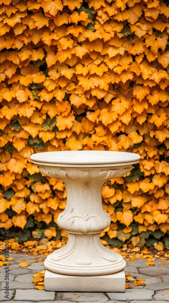 A podium wrapped in golden autumn ivy, placed in an old stone garden with a trickling fountain.