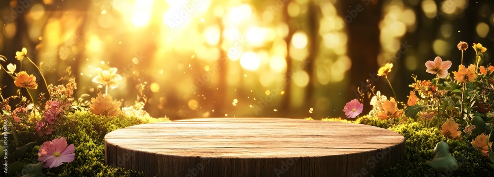A wooden podium covered in moss and vibrant flowers, placed on the right side of a mystical forest with golden sunlight filtering through the trees.