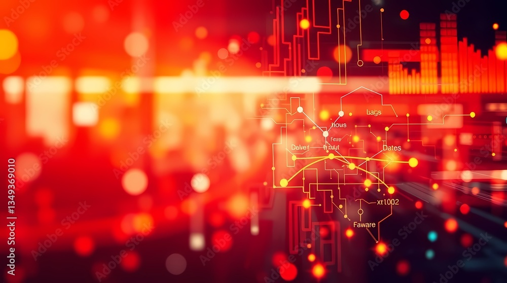 Digital Data Stream: An abstract representation of a complex digital data stream, featuring glowing lines, dots, and graphs against a dynamic backdrop of vibrant red and orange hues.