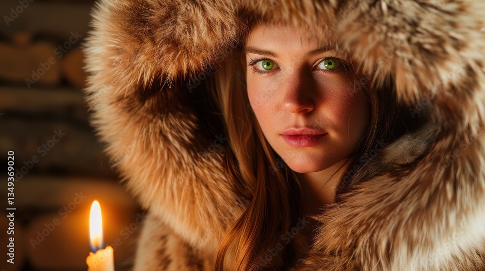 Enchanting Gaze Through Fur Hood With Candlelight Glow. Enchanting Gaze Through Fur Hood With Candlelight Glow.