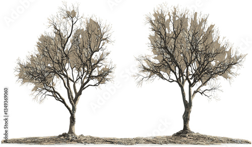 Vector dry trees, leafless, standing branches, isolated png, transparent background, nature silhouette, autumn, winter trees, isolated tree design, seasonal landscape, dry twigs.