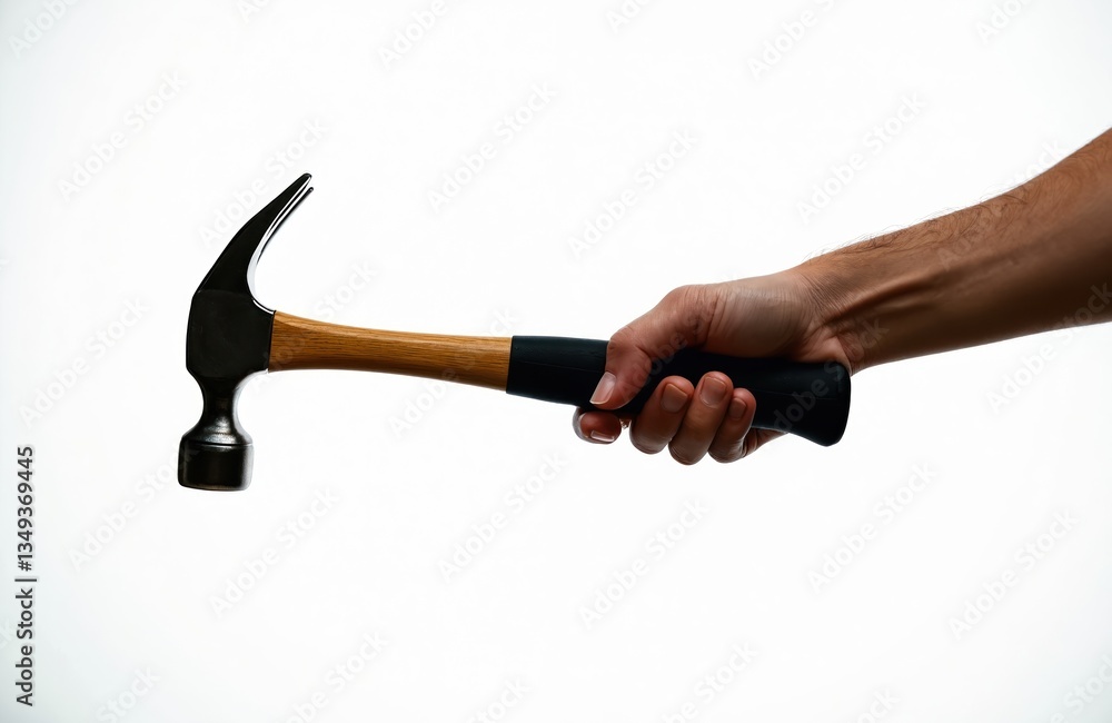 Man hand holds hammer. Construction tool isolated on white background. Carpenter equipment for repair, building, DIY work, home improvement, manual labor, carpentry. Man hand holds hammer. Construction tool isolated on white background. Carpenter equipment for repair, building, DIY work, home improvement, manual labor, carpentry.