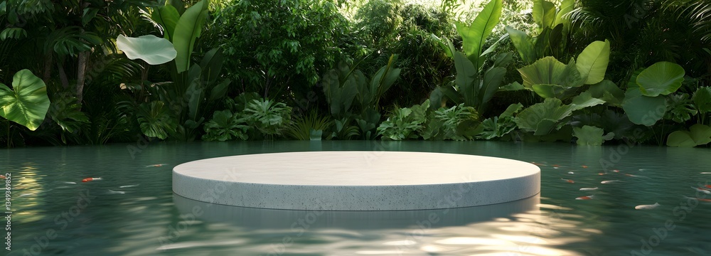 A sleek stone podium positioned on the right, surrounded by a tranquil lotus pond with koi fish and mist rising at dawn.
