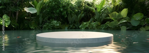 Obraz na płótnie A sleek stone podium positioned on the right, surrounded by a tranquil lotus pond with koi fish and mist rising at dawn. w salonie