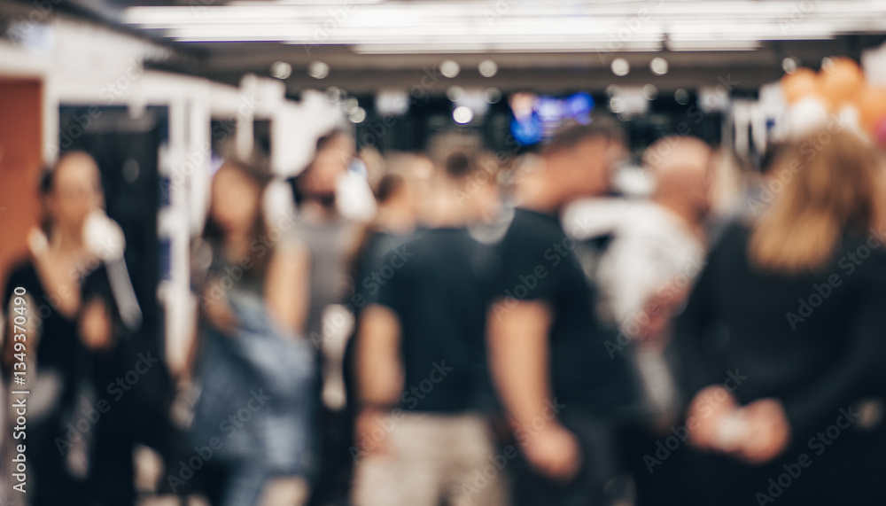 Fototapeta premium Abstract blurred people at exhibition hall of expo event trade show. Business convention show or job fair. Business concept background