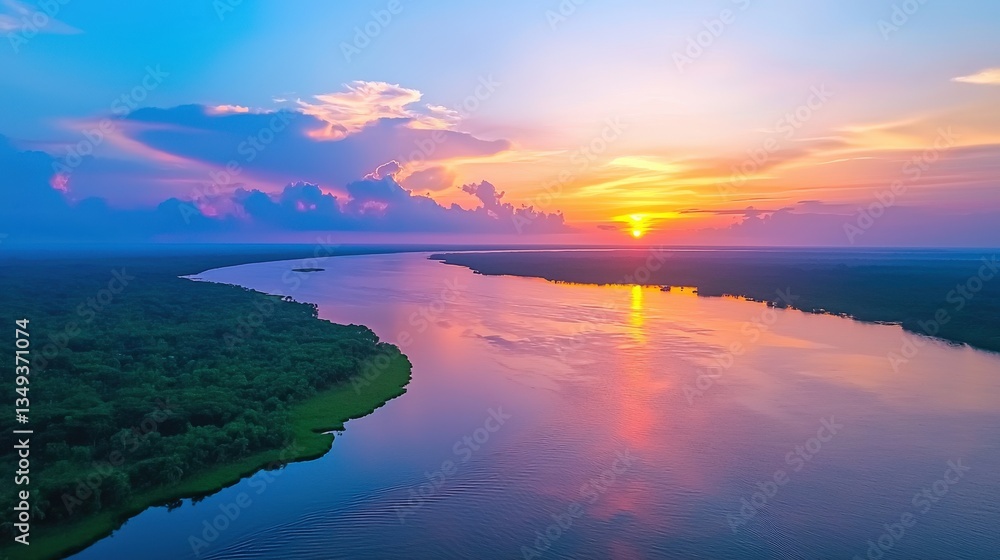 Fototapeta premium A serene sunset over a winding river, surrounded by lush greenery, reflecting vibrant colors on the water's surface.
