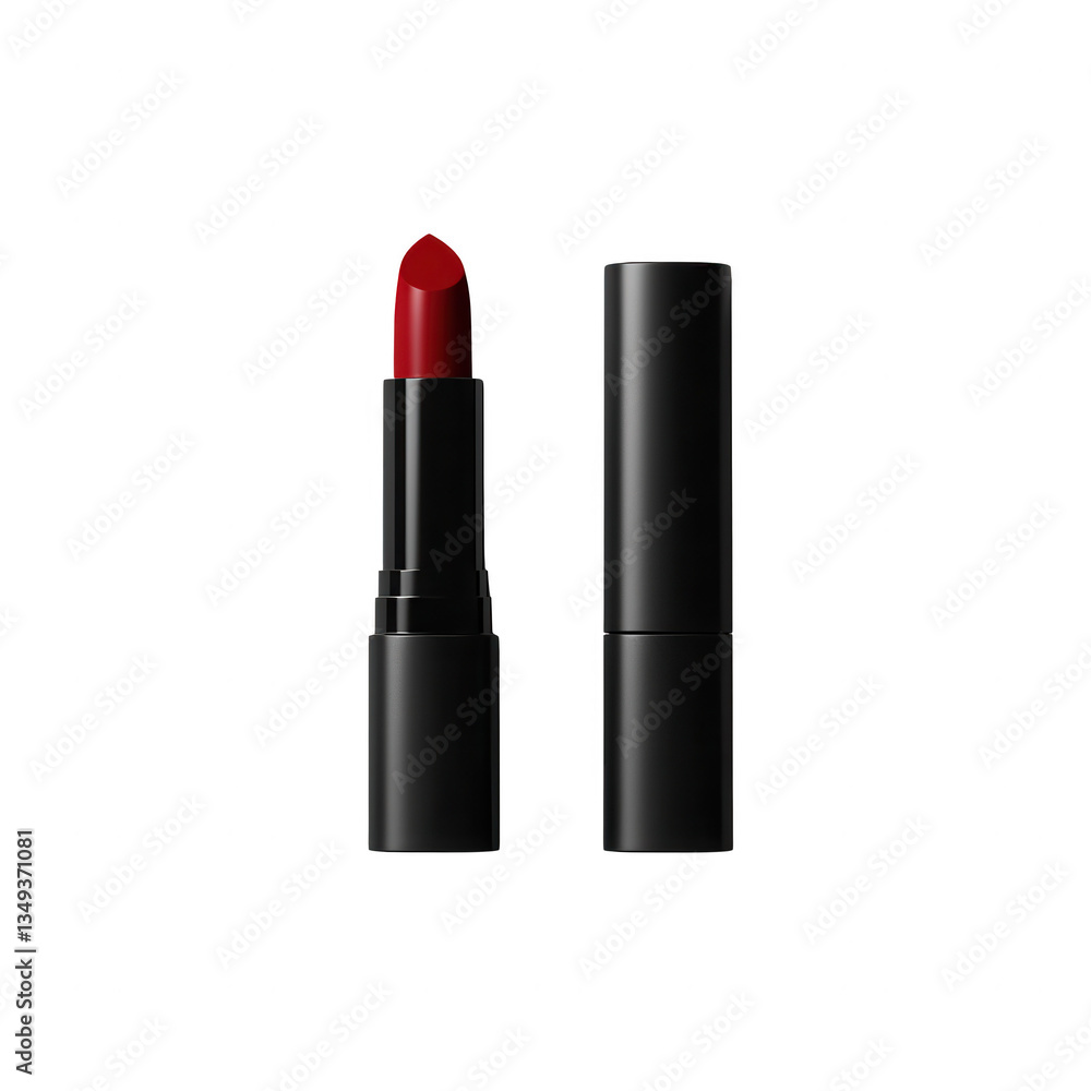 Red lipstick on a black tube, isolated on a white background. Red lipstick on a black tube, isolated on a white background.